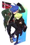  2boys 302 black_gloves blue_eyes blue_hair crossed_arms earrings eyes_visible_through_hair fur-trimmed_jacket fur_trim galo_thymos gloves green_hair green_jacket highres itabag jacket jewelry leather leather_pants lio_fotia male_focus multiple_boys pants promare shoes sidelocks sneakers spiky_hair violet_eyes 