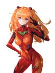  1girl absurdres ass_visible_through_thighs blue_eyes bodysuit breasts contrapposto frown hand_on_hip highres interface_headset liu_liaoliao looking_at_viewer medium_breasts neon_genesis_evangelion orange_hair plugsuit rebuild_of_evangelion red_bodysuit salute solo souryuu_asuka_langley thighs two_side_up white_background 