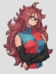  1girl android_21 blue_eyes breasts checkered_clothes checkered_dress closed_mouth dragon_ball dragon_ball_fighterz dress earrings glasses grey_background hair_between_eyes hoop_earrings jewelry kemachiku long_hair looking_at_viewer medium_breasts redhead simple_background solo 