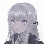  1girl bangs black_jacket black_ribbon brown_necktie closed_mouth collared_shirt danganronpa:_trigger_happy_havoc danganronpa_(series) grey_background grey_shirt hair_ribbon jacket kirigiri_kyouko long_hair looking_at_viewer necktie open_clothes open_jacket pink_eyes portrait ribbon shiny shiny_hair shirt silver_hair simple_background solo unmyeong violet_eyes 