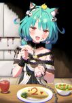  1girl absurdres animal_ear_fluff animal_ears bangs brown_eyes cat_day cat_ears chain chained dorianpanda eyebrows_visible_through_hair fang food green_hair head_tilt highres holding holding_spoon hololive looking_at_viewer omurice open_mouth plate pov salad_bowl short_twintails solo spoon table twintails uruha_rushia virtual_youtuber 