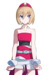  1girl aoi_(altea0923) bangs blonde_hair blue_eyes bracelet clenched_hands collar collarbone commentary_request hair_between_eyes hairband irida_(pokemon) jewelry pokemon pokemon_(game) pokemon_legends:_arceus red_hairband red_shirt sash shirt short_hair shorts sideways_glance solo strapless strapless_shirt waist_cape white_background white_shorts 