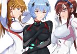  1girl 3girls adjusting_eyewear arms_behind_head ayanami_rei black_bodysuit blue_eyes blue_hair blush bodysuit breasts brown_hair covered_navel cowboy_shot evangelion:_3.0+1.0_thrice_upon_a_time eyepatch facing_to_the_side from_side green_eyes hair_between_eyes hairband interface_headset large_breasts looking_at_viewer makinami_mari_illustrious medium_breasts multiple_girls neon_genesis_evangelion parted_lips pink_bodysuit plugsuit rebuild_of_evangelion red-framed_eyewear red_eyes riteral semi-rimless_eyewear solo souryuu_asuka_langley twintails under-rim_eyewear upper_body white_background white_bodysuit 