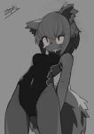  1girl @_@ absurdres animal_ears breasts extra_ears greyscale h.a_(haww97) highres leaning_back looking_at_viewer medium_breasts monochrome one-piece_swimsuit original parted_lips pointy_ears red_eyes sharp_teeth short_hair solo swimsuit tail teeth 