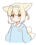  1girl :&lt; absurdres alternate_costume alternate_hairstyle animal_ears arknights blonde_hair blue_bow blue_hairband blue_sweater blush bow eyebrows_visible_through_hair fox_ears fox_tail green_eyes hair_bow hairband highres kitsune long_sleeves looking_at_viewer multicolored_hair multiple_tails name_tag ryoku_sui short_hair solo streaked_hair suzuran_(arknights) sweater tail upper_body white_background white_hair 