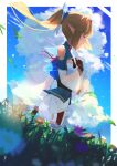  1girl 38_(sanjuuhachi) absurdres blonde_hair blue_bow blue_flower blue_shirt blue_sky blurry blurry_foreground bow brown_gloves closed_eyes clothing_cutout clouds commentary_request contrail dutch_angle flower gloves grass hair_bow hand_on_own_chest highres hololive leaves_in_wind long_hair outdoors parted_lips pointy_ears ponytail purple_flower shiranui_flare shirt shorts shoulder_cutout sky solo virtual_youtuber white_shirt white_shorts 