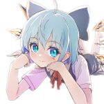  1girl ahoge bangs barefoot blue_bow blue_eyes blue_hair blurry bow cirno closed_mouth depth_of_field eyebrows_visible_through_hair hair_bow highres ice ice_wings looking_at_viewer lying on_stomach shiroi_karasu short_hair short_sleeves simple_background smile solo touhou white_background wings 