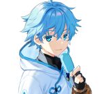  1boy ako_(zlzdf) chinese_clothes chongyun_(genshin_impact) commentary eyebrows_visible_through_hair food genshin_impact hair_ornament holding holding_food hood light_blue_eyes light_blue_hair looking_at_viewer male_focus popsicle short_hair simple_background smile 
