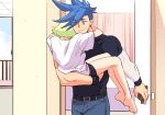  2boys 302 androgynous barefoot blue_hair colored_eyelashes eyes_visible_through_hair galo_thymos green_hair lifting_person lio_fotia male_focus multiple_boys promare shirt sidecut sleeping spiky_hair t-shirt violet_eyes 