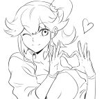  1girl 302 aina_ardebit breasts gloves greyscale heart heart_hands jacket large_breasts monochrome one_eye_closed outline promare side_ponytail solo upper_body 