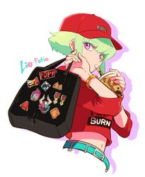  1boy 302 androgynous anime_coloring bag baseball_cap bubble_tea cup green_hair handbag hat highres holding holding_bag holding_cup itabag lio_fotia male_focus midriff_peek promare red_shirt redrawn shirt solo upper_body violet_eyes 