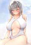  bangs bare_arms blue_sky blush breasts breasts_apart closed_mouth clouds collarbone commentary_request dermar embarrassed eyebrows_visible_through_hair green_eyes grey_hair highres large_breasts long_hair looking_at_viewer navel one-piece_swimsuit original school_uniform simple_background sitting sky swimsuit tearing_up thighs white_swimsuit 