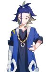  1boy adaman_(pokemon) aoi_(altea0923) arm_wrap bangs blue_coat blue_hair brown_eyes closed_mouth coat collar collarbone commentary_request earrings eyebrow_cut green_hair hand_on_hip jewelry male_focus open_clothes open_coat pokemon pokemon_(game) pokemon_legends:_arceus ponytail sideways_glance smile solo tied_hair white_background 