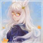  1girl animal_ears biwa_hayahide_(umamusume) brown_eyes eyebrows_visible_through_hair glasses highres horse_ears horse_girl long_hair looking_at_viewer rectangular_eyewear red-framed_eyewear semi-rimless_eyewear solo umamusume under-rim_eyewear upper_body wavy_hair white_hair yoshidanoe 