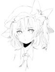  1girl artist_name bangs bow collared_shirt commentary_request cropped_torso flandre_scarlet greyscale hat hat_bow highres medium_hair mob_cap monochrome one_side_up portrait ringlets senli shirt simple_background solo touhou white_background 