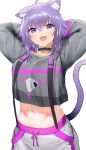  1girl :d absurdres animal_ears arms_behind_head black_choker black_jacket cat_ears cat_tail choker collarbone commentary_request eyebrows_visible_through_hair fang hair_between_eyes highres hololive jacket looking_at_viewer midriff navel nekomata_okayu purple_hair shino_(comic_penguin_club) short_hair simple_background smile solo tail violet_eyes virtual_youtuber white_background 