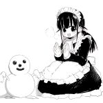  1girl :d apron breath greyscale highres maid maid_apron maid_headdress monochrome naitou_kouse original scarf smile snowman solo twintails white_background 