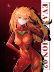  1girl absurdres ass_visible_through_thighs blue_eyes bodysuit breasts contrapposto english_text frown hand_on_hip highres interface_headset liu_liaoliao looking_at_viewer medium_breasts neon_genesis_evangelion orange_hair petals plugsuit rebuild_of_evangelion red_background red_bodysuit salute solo souryuu_asuka_langley thighs two_side_up 