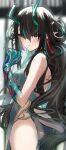  1girl arknights bangs bare_shoulders black_hair blue_dress blue_skin blurry blurry_background blush breasts china_dress chinese_clothes colored_skin cowboy_shot depth_of_field dragon_girl dragon_horns dragon_tail dress dusk_(arknights) dusk_(everything_is_a_miracle)_(arknights) earrings from_behind gradient_skin green_hair hair_between_eyes highres horns jewelry looking_at_viewer looking_back medium_breasts multicolored_hair official_alternate_costume parted_lips pointy_ears raw_egg_lent red_eyes solo streaked_hair tail tail_through_clothes tassel tassel_earrings two-tone_hair 