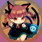  1girl :3 animal_ears bangs banned_artist bell black_bow black_dress blue_fire blunt_bangs blunt_tresses bow braid cat_ears cat_tail chibi closed_mouth diamond-shaped_pupils diamond_(shape) dress extra_ears eyebrows_behind_hair fire flaming_skull floating_skull full_body hair_bow hair_ribbon hands_up hitodama jingle_bell kaenbyou_rin light_blush long_hair looking_at_viewer multiple_tails neck_bell neck_ribbon nekomata paw_pose pointy_ears purple_background red_eyes red_ribbon redhead ribbon simple_background solo symbol-shaped_pupils tail touhou tress_ribbon twin_braids twintails two_tails v-shaped_eyebrows yuge_mugito 