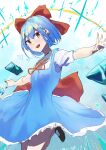  1girl 38_(sanjuuhachi) back_bow bare_legs blue_background blue_dress blue_hair bow brown_footwear cirno commentary_request dress hair_bow heart highres looking_at_viewer neck_ribbon open_mouth outstretched_arms pinafore_dress red_bow red_eyes red_ribbon ribbon shirt short_hair short_sleeves smile solo teeth touhou upper_teeth white_background white_shirt 
