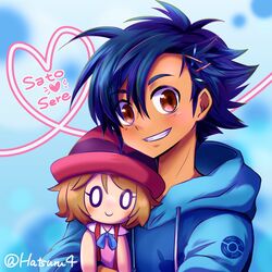  1boy 1girl ash_ketchum black_hair blonde_hair blush couple doll hair_ornament happy hatsuru_826 hood hoodie pokemon pokemon_(anime) pokemon_(game) pokemon_xy red_eyes serena_(pokemon) short_hair smile solo stuffed_toy 