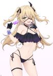  1girl absurdres bikini black_choker black_gloves blonde_hair choker cowboy_shot eyepatch fischl_(genshin_impact) floating_hair food genshin_impact gloves green_eyes highres holding holding_food long_hair looking_at_viewer multi-strapped_bikini navel open_mouth popsicle side-tie_bikini simple_background smile solo stomach sunny721 swimsuit thigh_strap two_side_up white_background 