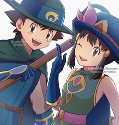  1boy 1girl :d ash_ketchum bangs belt blue_gloves blue_headwear blue_tunic brown_bag brown_belt brown_eyes brown_hair cape commentary_request eyelashes fuyu_(utngrtn) gloves green_cape green_headwear grey_eyes hair_ornament hairclip hand_up hat highres hikari_(pokemon) holding index_finger_raised official_alternate_costume one_eye_closed open_mouth pokemon pokemon_(anime) pokemon_(game) pokemon_m08 pokemon_masters_ex pokemon_rse_(anime) short_hair sidelocks smile teeth tongue upper_teeth watermark white_background 