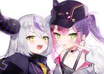  2girls :d :p bangs bare_shoulders baseball_cap bibi_(tokoyami_towa) black_choker black_headwear blush choker collar demon_horns ear_piercing green_eyes green_nails hair_ornament hairclip hat hololive horns jacket la+_darknesss long_hair long_sleeves looking_at_viewer metal_collar multicolored_hair multicolored_nails multiple_girls o-ring o-ring_choker off_shoulder piercing pink_hair pointy_ears purple_hair purple_jacket red_nails silver_hair sleeves_past_wrists smile streaked_hair tokoyami_towa tongue tongue_out toufu_mentaru_zabuton twintails upper_body virtual_youtuber white_jacket yellow_eyes 