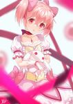 1girl absurdres bangs blurry blurry_background blurry_foreground blush bow_choker bubble_skirt button_eyes choker collarbone dress eyebrows_visible_through_hair frilled_dress frilled_sleeves frills gloves hair_between_eyes head_tilt highres holding holding_stuffed_toy kaname_madoka kyubey looking_at_viewer magical_girl mahou_shoujo_madoka_magica parted_lips pink_eyes pink_hair pink_ribbon puffy_short_sleeves puffy_sleeves red_choker ribbon short_hair short_sleeves short_twintails signature simple_background skirt solo soul_gem stuffed_toy tsubameno twintails white_background white_gloves 