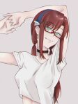  1girl alternate_costume arm_over_head breasts brown_hair choker evangelion:_3.0+1.0_thrice_upon_a_time glasses green_eyes grey_background interlocked_fingers looking_at_viewer makinami_mari_illustrious medium_breasts midriff neon_genesis_evangelion rad_426 raised_eyebrows rebuild_of_evangelion red-framed_eyewear semi-rimless_eyewear shirt sidelocks smile solo twintails under-rim_eyewear upper_body white_shirt 