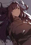 1girl absurdres breasts expressionless fate/grand_order fate_(series) hair_intakes highres hu_tu large_breasts long_hair long_sleeves looking_at_viewer lying pillow purple_hair red_eyes scathach_(fate) solo sweater very_long_hair 