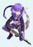 1girl absurdres apex_legends assault_rifle black_sweater blue_eyes braid dragon_tail eyebrows_visible_through_hair gun hair_ornament hairclip head_wings hechium heterochromia highres holding holding_gun holding_weapon lanyard looking_at_viewer nijisanji nijisanji_en pants purple_pants r-301_carbine rifle selen_tatsuki shoes smile sneakers solo squatting sweater tail tongue tongue_out twin_braids v-shaped_eyebrows violet_eyes weapon 
