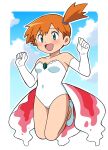  1girl armpits asymmetrical_hair bare_shoulders blush breasts child commentary_request cosplay cowboy_shot dress goldeen goldeen_(cosplay) green_eyes highres jumping legs legs_together misty_(pokemon) multicolored_background navel open_mouth orange_hair pokemon pokemon_(anime) pokemon_(classic_anime) ponytail redhead shirt shoes short_hair side_ponytail simple_background solo tied_hair yume_yoroi 