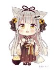  1girl :o animal_ears bell black_bow black_footwear black_ribbon bow bowl brown_hakama chibi diagonal-striped_bow fang fox fox_ears fox_girl fox_tail full_body grey_hair hair_bell hair_bow hair_ornament hair_ribbon hakama hakama_skirt highres in_bowl in_container japanese_clothes jingle_bell kimono long_sleeves looking_at_viewer multicolored_hair open_mouth original pink_hair ribbon sakura_oriko short_eyebrows simple_background skirt solo standing tabi tail thick_eyebrows translation_request two-tone_hair white_background white_kimono white_legwear wide_sleeves yellow_eyes zouri 