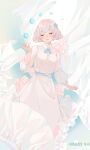  1girl artist_name blue_ribbon circle cirrika closed_eyes closed_mouth collared_dress commentary curtains dated dress eyebrows_visible_through_hair flower hand_up highres long_sleeves neck_ribbon original pink_flower pink_hair ribbon short_hair solo white_dress 