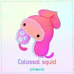  artist_name black_eyes blue_background commentary english_commentary english_text fur_hat gradient gradient_background hat no_humans original pikaole pink_headwear purple_background solid_circle_eyes squid still_life ushanka watermark 