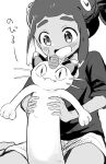  1boy blush commentary_request greyscale happy hau_(pokemon) highres holding holding_pokemon longcat looking_down male_focus meowth mikanbako_(aitatadon3) monochrome open_mouth pokemon pokemon_(creature) pokemon_(game) pokemon_sm shirt short_hair short_sleeves shorts smile t-shirt tongue white_background 