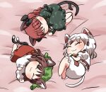  3girls :3 animal_ear_fluff animal_ears barefoot black_bow bow braid brown_hair cat_ears cat_tail chen chibi closed_mouth dress earrings eyebrows_visible_through_hair full_body goutokuji_mike green_dress green_headwear hair_bow hat jewelry kaenbyou_rin long_sleeves mob_cap multiple_girls multiple_tails nekomata puffy_long_sleeves puffy_sleeves red_dress redhead rokugou_daisuke short_hair single_earring sleeping tail touhou twin_braids twintails two_tails 