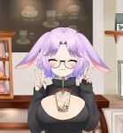  animal_ears animated blue_hair breasts bubble_tea closed_eyes cup freckles glasses indie_virtual_youtuber live2d lolidango multicolored_hair pale_skin purple_hair rabbit_ears rabbit_girl revealing_clothes smile usami_shina v virtual_youtuber white_hair 