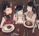  3girls anger_vein apron bangs belt beltbra black_hair black_nails black_shirt black_sports_bra blue_belt blue_hair blunt_bangs blush breasts chest_belt closed_eyes closed_mouth commentary_request cup curry curry_rice demon_girl demon_horns ear_piercing false_smile fang flat_chest food frilled_apron frills hanarito hand_on_another&#039;s_head heart heart_print holding holding_spoon horns index_finger_raised knife kojo_anna large_breasts long_hair looking_at_another medium_breasts multicolored_hair multiple_girls open_mouth piercing planted planted_knife plate pointy_ears print_shirt purple_hair red_apron red_eyes redhead rice ryugasaki_rene see-through_shirt shirt shishio_chris short_hair sleeveless sleeveless_shirt smile spoon sports_bra sugar_lyric sweatdrop table teapot twintails two-tone_hair upper_body virtual_youtuber water white_apron yellow_eyes 
