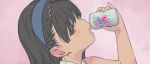  1girl arm_up bangs black_hair blue_hairband blush bottle can character_request child commentary_request copyright_request drinking eyebrows_visible_through_hair face grey_eyes grey_hair hairband highres holding holding_can long_hair pink_background pinky_out saeki_tatsuya sailor_collar simple_background soda_can solo translation_request 