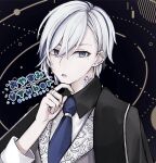  1boy character_name ear_piercing earrings finger_to_own_chin formal fuzi_fei indie_virtual_youtuber industrial_piercing jewelry kayano_rea looking_to_the_side mole mole_under_eye pale_skin piercing solo stud_earrings suit tattoo violet_eyes virtual_youtuber white_hair 