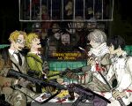  4boys absurdres america_(hetalia) axis_powers_hetalia black_hair blonde_hair blood blood_on_clothes candy cleaning_weapon coat coca-cola food food_in_mouth glasses gomibaketsu3 green_eyes gun handgun highres holding holding_gun holding_weapon indoors japan_(hetalia) lollipop male_focus multiple_boys open_mouth pistol platinum_blonde_hair russia_(hetalia) scarf sitting smile soda_bottle sword united_kingdom_(hetalia) weapon zombie 