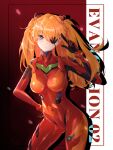  1girl absurdres ass_visible_through_thighs blue_eyes bodysuit breasts contrapposto english_text eyepatch frown hand_on_hip highres interface_headset liu_liaoliao looking_at_viewer medium_breasts neon_genesis_evangelion orange_hair petals plugsuit rebuild_of_evangelion red_background red_bodysuit salute solo souryuu_asuka_langley thighs two_side_up 