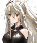  arknights bangs bare_shoulders black_swimsuit blonde_hair breasts casual_one-piece_swimsuit closed_mouth eyebrows_visible_through_hair hair_between_eyes highres hood large_breasts long_hair looking_at_viewer official_alternate_costume one-piece_swimsuit pointy_ears ponytail raw_egg_lent red_eyes shining_(arknights) shining_(silent_night)_(arknights) simple_background swimsuit very_long_hair white_background 
