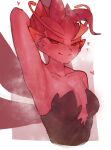  1girl absurdres arm_up armpits bangs blush breasts closed_mouth collarbone colored_skin cropped_torso dark_willow dota_(series) dota_2 heart highres looking_at_viewer medium_breasts monster_girl pointy_ears red_eyes red_skin shiny shiny_skin short_hair smile solo sorapoi upper_body white_background wings 