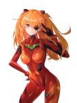  1girl absurdres ass_visible_through_thighs blue_eyes bodysuit breasts contrapposto eyepatch frown hand_on_hip highres interface_headset liu_liaoliao looking_at_viewer medium_breasts neon_genesis_evangelion orange_hair plugsuit rebuild_of_evangelion red_bodysuit salute solo souryuu_asuka_langley thighs two_side_up white_background 