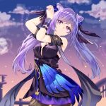  1girl absurdres adjusting_hair black_dress breasts double_bun dress fireworks genshin_impact hair_ornament half-closed_eyes highres keqing_(genshin_impact) keqing_(opulent_splendor)_(genshin_impact) night night_sky pantyhose parted_lips purple_hair sky solo twintails violet_eyes yaya_chan 