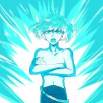  1boy 302 aura blue_theme crossed_arms earrings galo_thymos gloves highres jewelry male_focus monochrome no_gloves promare single_earring solo topless_male 